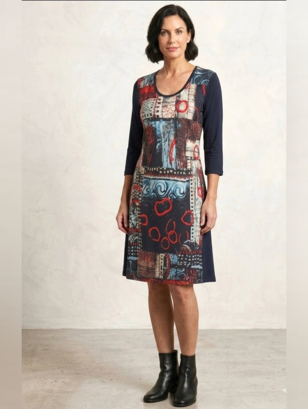 NWT Dolcezza Simply Art Abstract Print Knit Midi Dress Long Sleeve Sz Small